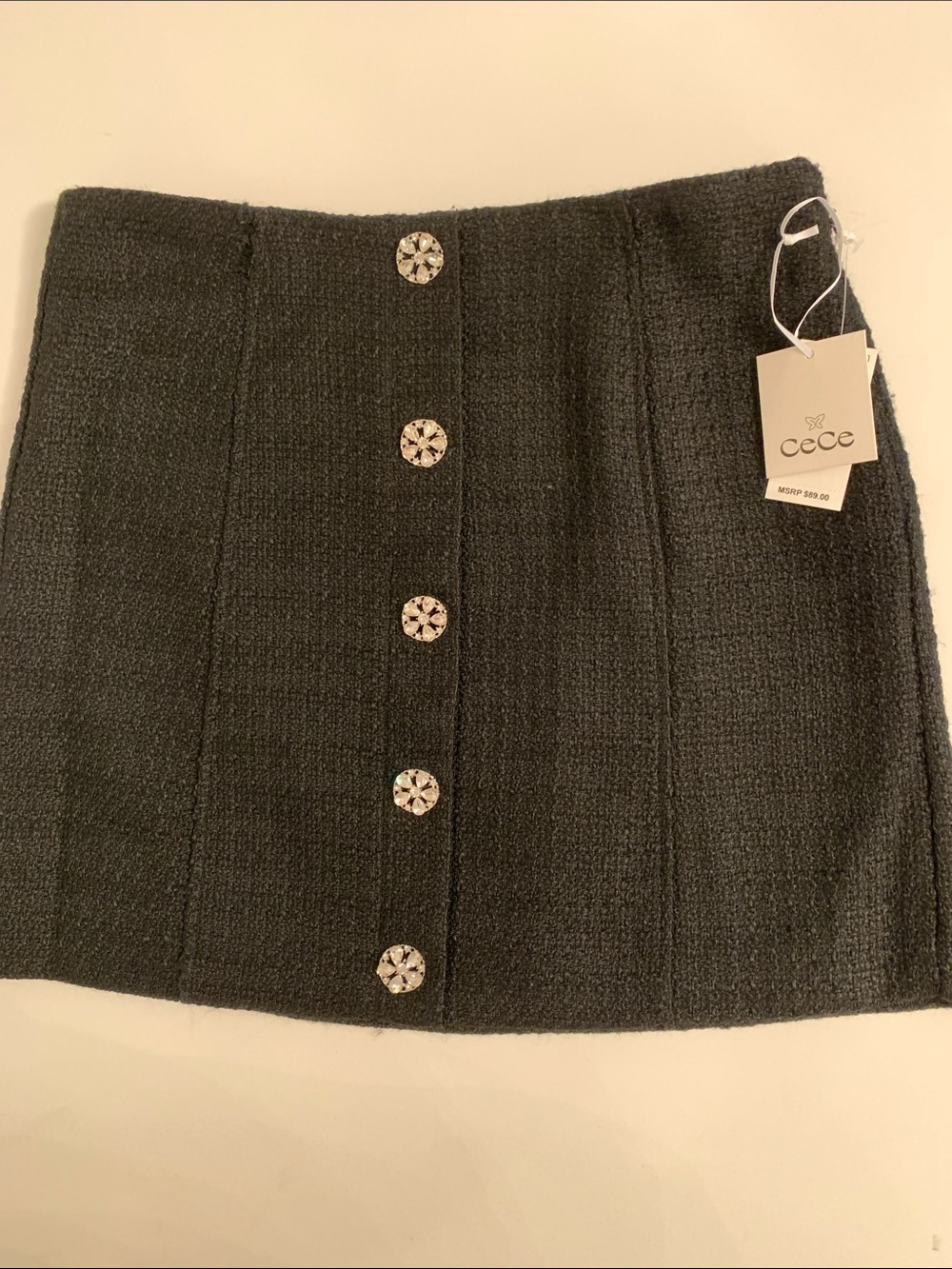 NWT CeCe Black Tweed Mini Skirt with Decorative Buttons Zip Size 12